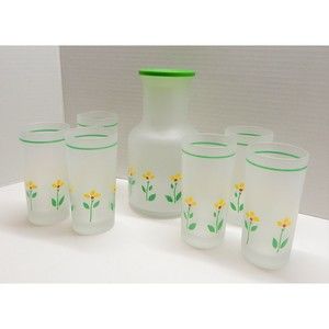 Libbey of Canada Frosted Beverage Carafe 6 Glasses Yellow Flower Telaflora 1985
